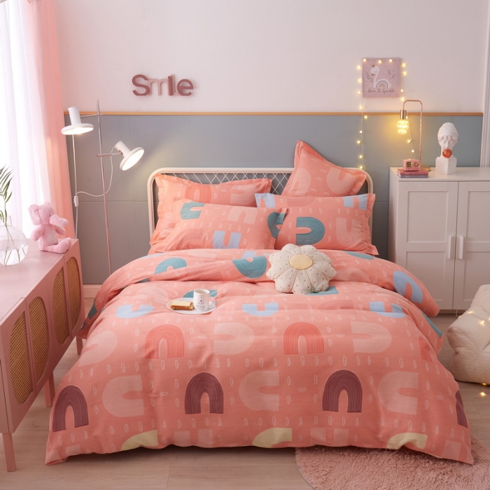 91家纺网 家纺一手货源 找家纺 金纱玉纺 2022新款印花加厚磨毛四件套 炫彩字母-粉