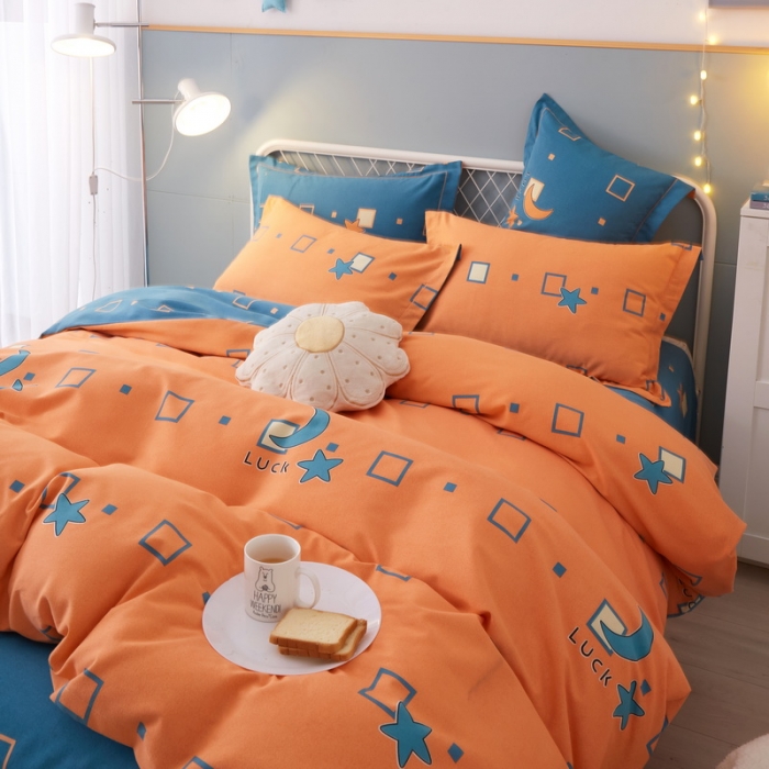 91家纺网 家纺一手货源 找家纺 金纱玉纺 2022新款全棉印花加厚磨毛四件套 仰望星辰-桔