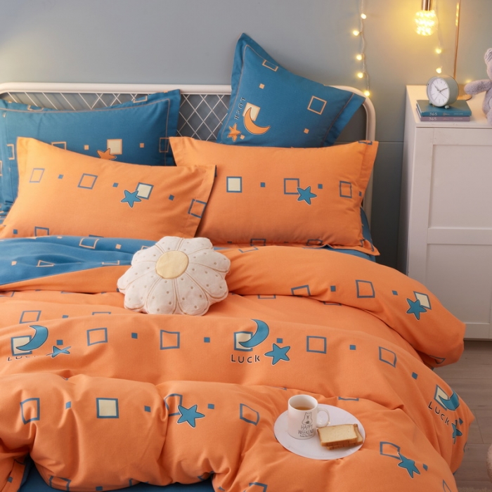 91家纺网 家纺一手货源 找家纺 金纱玉纺 2022新款全棉印花加厚磨毛四件套 仰望星辰-桔