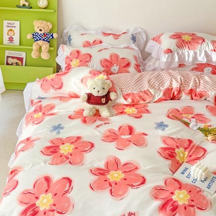 91家纺网 家纺一手货源 找家纺 花伞直播热款韩版花边植物羊绒加厚磨毛印花四件套绽放生活粉