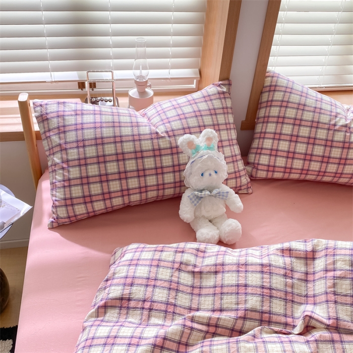 91家纺网 家纺一手货源 找家纺 蓝巢 2022新款全棉色织水洗棉四件套 瑞贝卡-粉