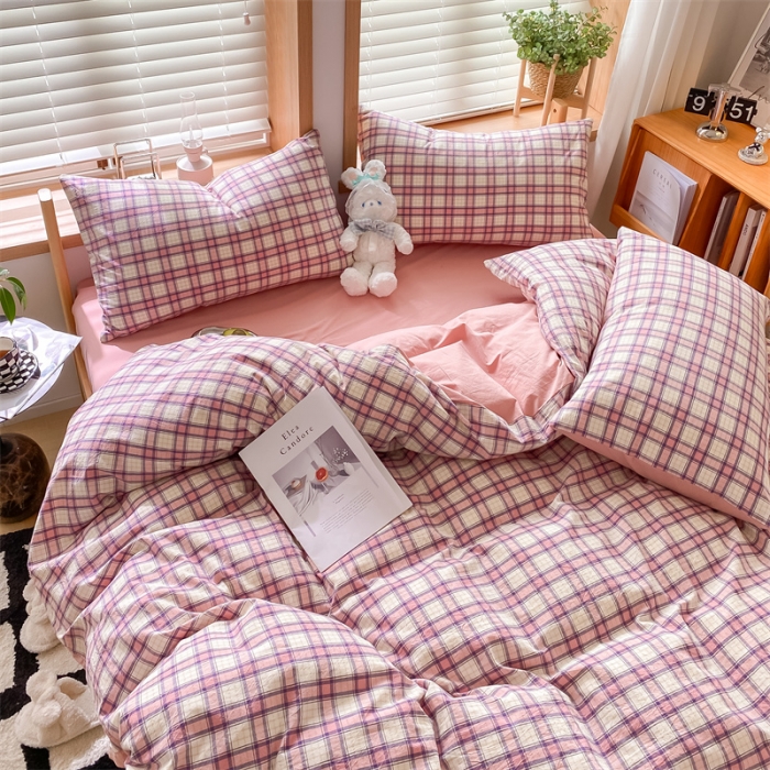 91家纺网 家纺一手货源 找家纺 蓝巢 2022新款全棉色织水洗棉四件套 瑞贝卡-粉