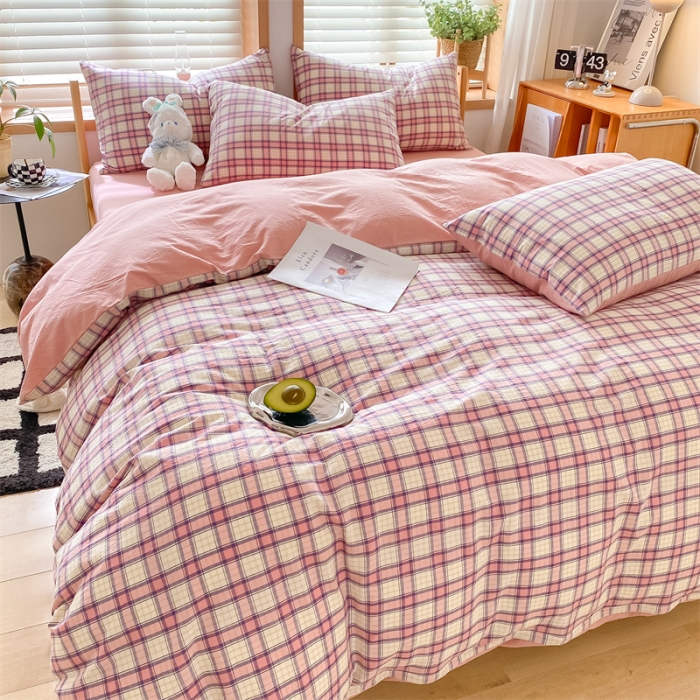 91家纺网 家纺一手货源 找家纺 蓝巢 2022新款全棉色织水洗棉四件套 瑞贝卡-粉