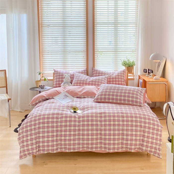 91家纺网 家纺一手货源 找家纺 蓝巢 2022新款全棉色织水洗棉四件套 瑞贝卡-粉