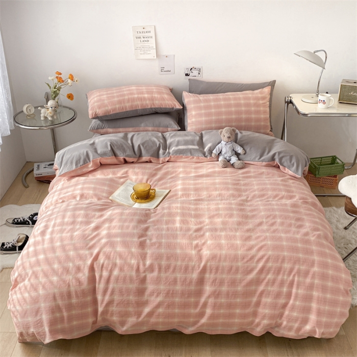 91家纺网 家纺一手货源 找家纺 蓝巢 2022新款全棉色织水洗棉四件套 甜甜夏日粉