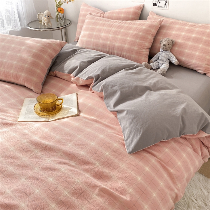 91家纺网 家纺一手货源 找家纺 蓝巢 2022新款全棉色织水洗棉四件套 甜甜夏日粉