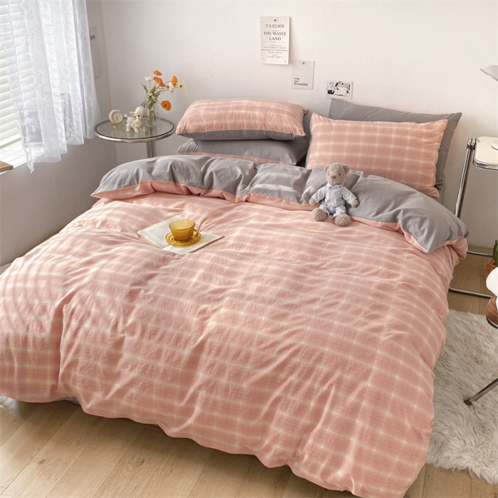 91家纺网 家纺一手货源 找家纺 蓝巢 2022新款全棉色织水洗棉四件套 甜甜夏日粉