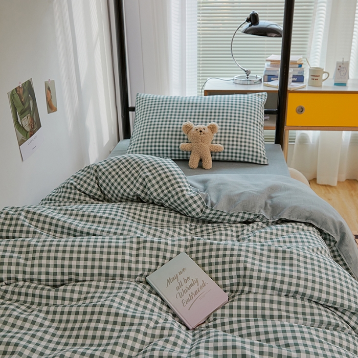 91家纺网 家纺一手货源 找家纺 世爵 2022新款亲肤棉学生宿舍上下铺三件套开学季 优格绿