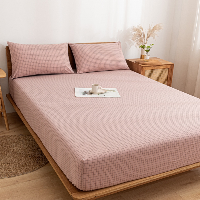 91家纺网 家纺一手货源 找家纺 蓝巢 2022新款全棉色织水洗棉单床笠 丁香粉格