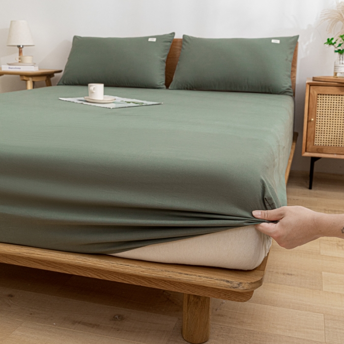 91家纺网 家纺一手货源 找家纺 蓝巢 2022新款全棉色织水洗棉单床笠 复古绿