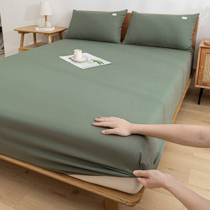 91家纺网 家纺一手货源 找家纺 蓝巢 2022新款全棉色织水洗棉单床笠 复古绿