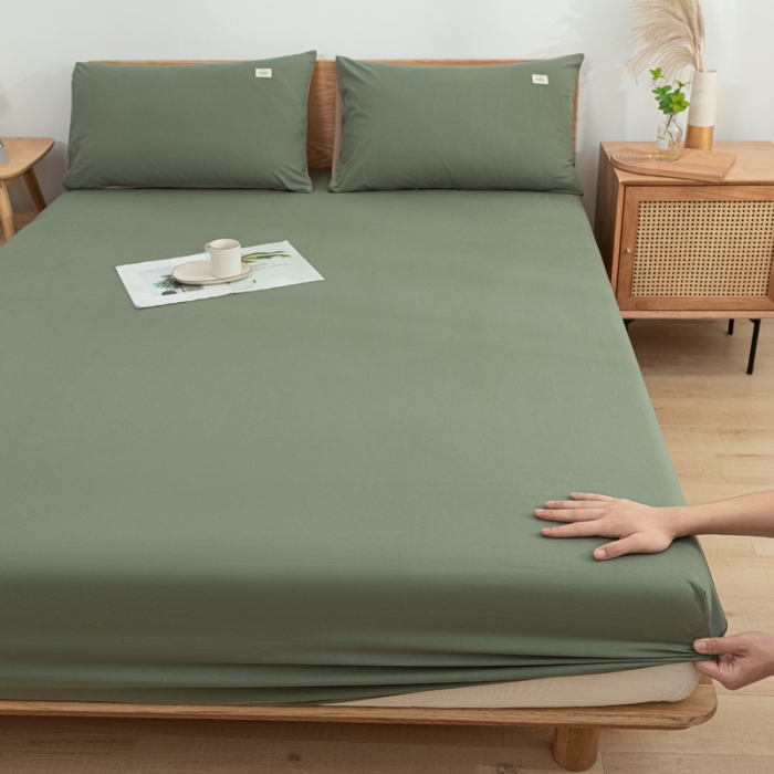 91家纺网 家纺一手货源 找家纺 蓝巢 2022新款全棉色织水洗棉单床笠 复古绿