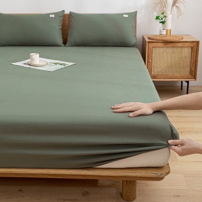 91家纺网 家纺一手货源 找家纺 蓝巢 2022新款全棉色织水洗棉单床笠 复古绿