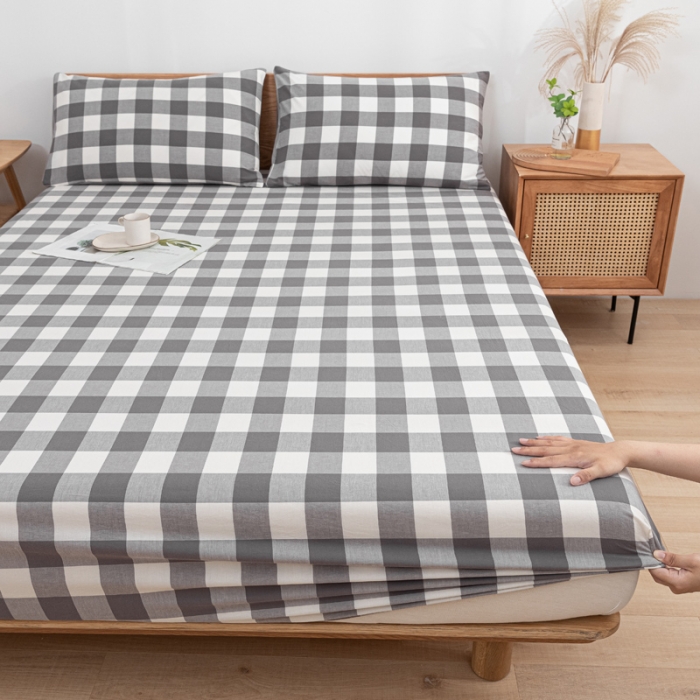 91家纺网 家纺一手货源 找家纺 蓝巢 2022新款全棉色织水洗棉单床笠 灰中格