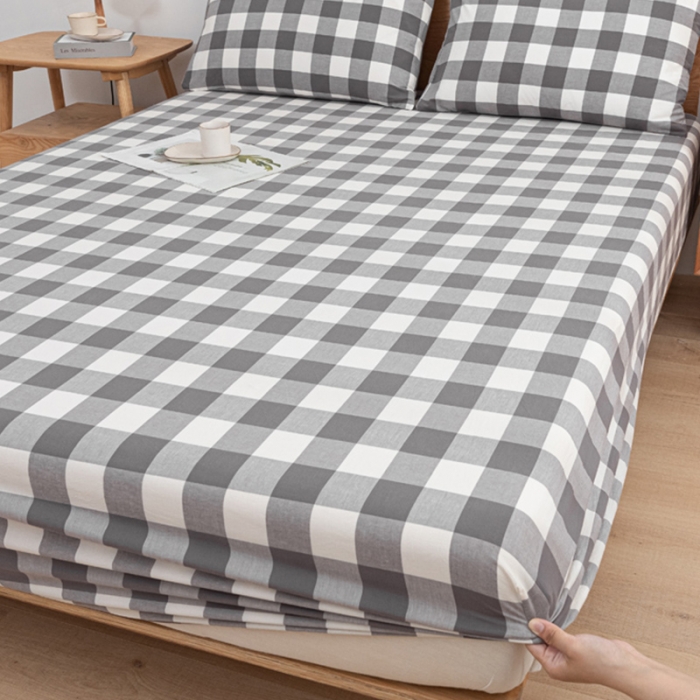 91家纺网 家纺一手货源 找家纺 蓝巢 2022新款全棉色织水洗棉单床笠 灰中格