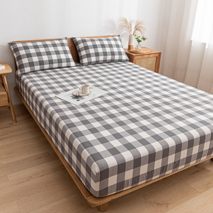 91家纺网 家纺一手货源 找家纺 蓝巢 2022新款全棉色织水洗棉单床笠 灰中格