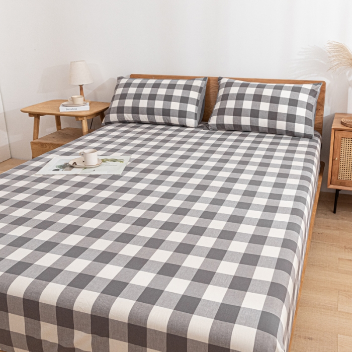 91家纺网 家纺一手货源 找家纺 蓝巢 2022新款全棉色织水洗棉单床笠 灰中格