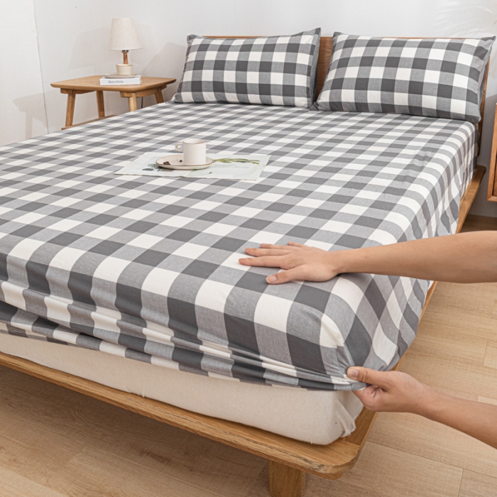 91家纺网 家纺一手货源 找家纺 蓝巢 2022新款全棉色织水洗棉单床笠 灰中格