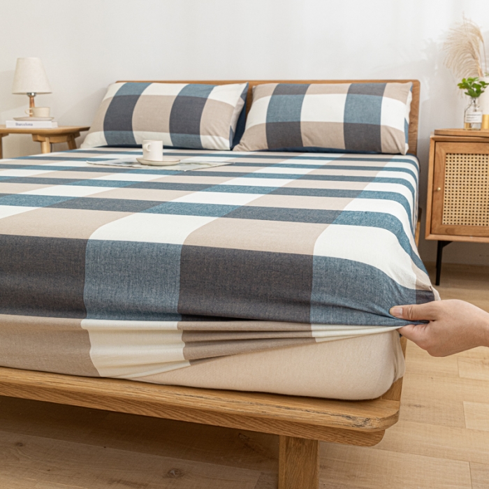 91家纺网 家纺一手货源 找家纺 蓝巢 2022新款全棉色织水洗棉单床笠 蓝调格