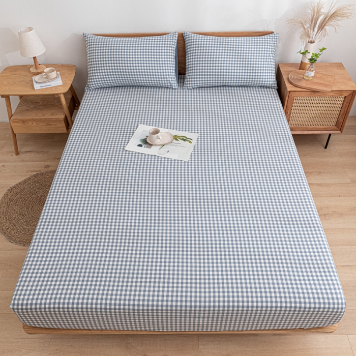 91家纺网 家纺一手货源 找家纺 蓝巢 2022新款全棉色织水洗棉单床笠 蓝小格