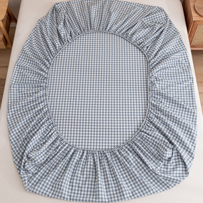 91家纺网 家纺一手货源 找家纺 蓝巢 2022新款全棉色织水洗棉单床笠 蓝小格