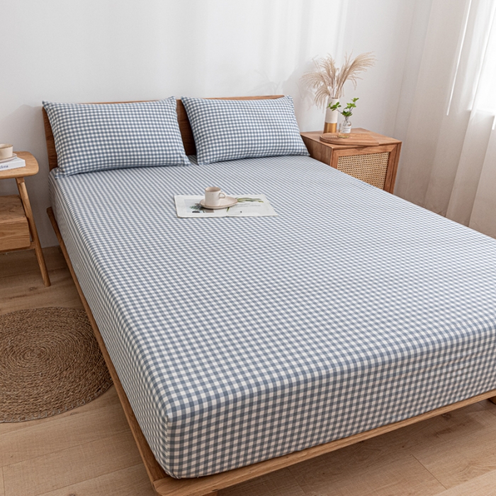 91家纺网 家纺一手货源 找家纺 蓝巢 2022新款全棉色织水洗棉单床笠 蓝小格