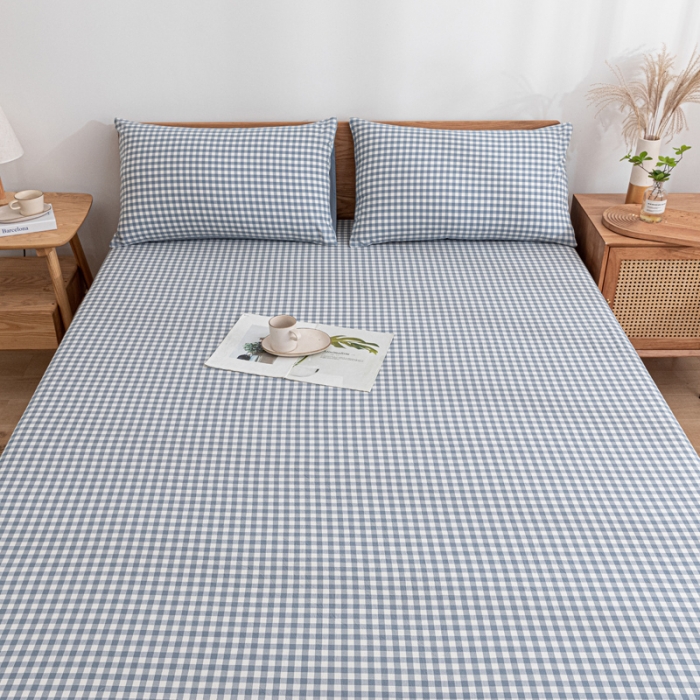 91家纺网 家纺一手货源 找家纺 蓝巢 2022新款全棉色织水洗棉单床笠 蓝小格