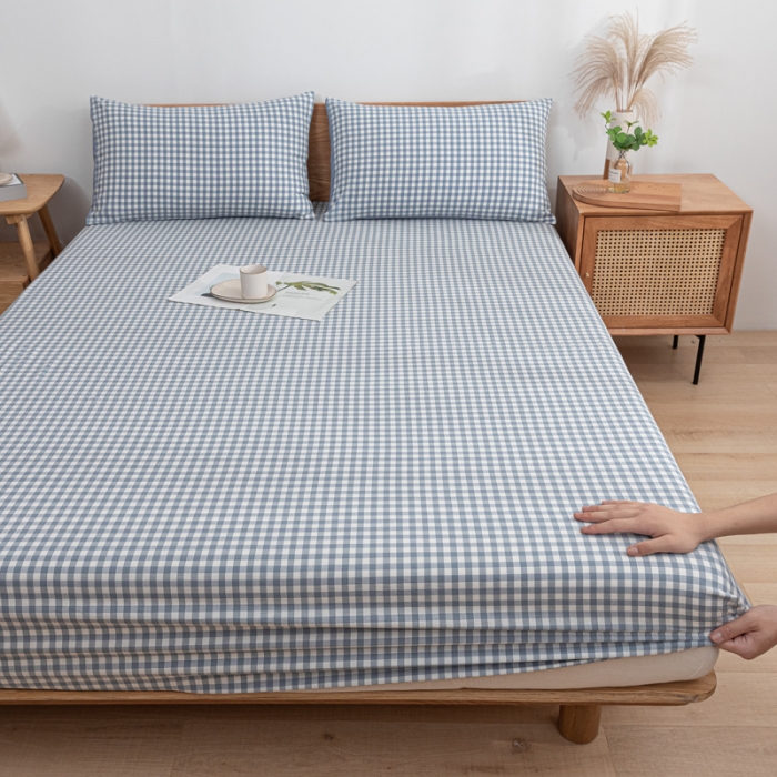 91家纺网 家纺一手货源 找家纺 蓝巢 2022新款全棉色织水洗棉单床笠 蓝小格