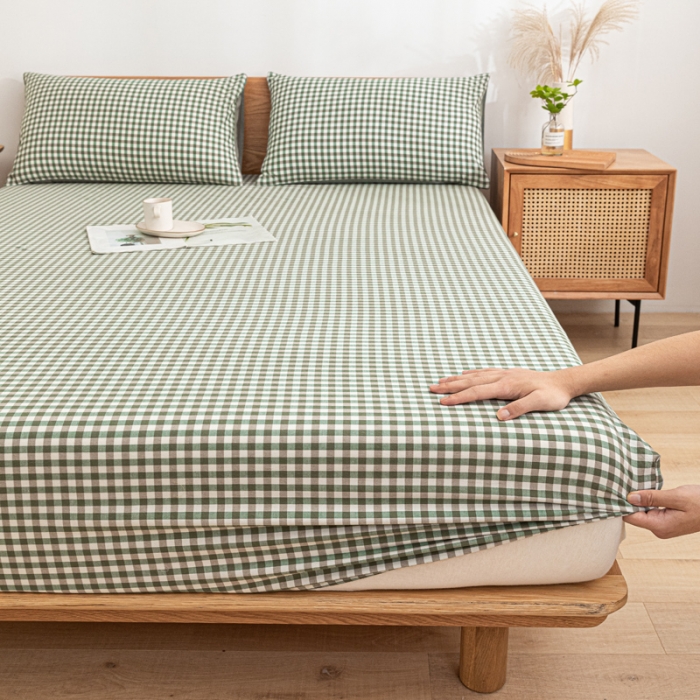 91家纺网 家纺一手货源 找家纺 蓝巢 2022新款全棉色织水洗棉单床笠 绿小格