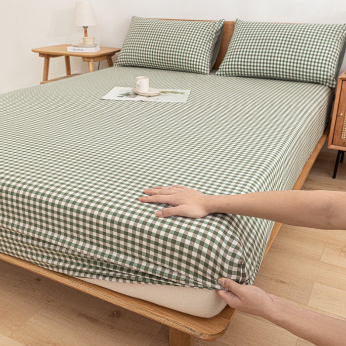 91家纺网 家纺一手货源 找家纺 蓝巢 2022新款全棉色织水洗棉单床笠 绿小格