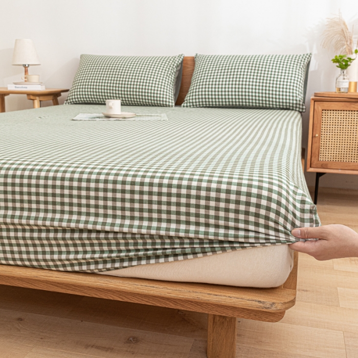 91家纺网 家纺一手货源 找家纺 蓝巢 2022新款全棉色织水洗棉单床笠 绿小格