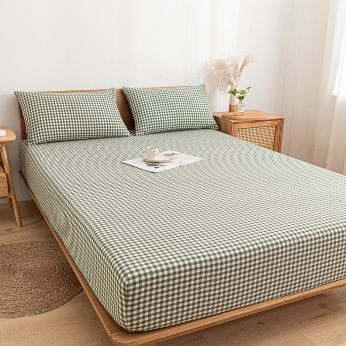 91家纺网 家纺一手货源 找家纺 蓝巢 2022新款全棉色织水洗棉单床笠 绿小格