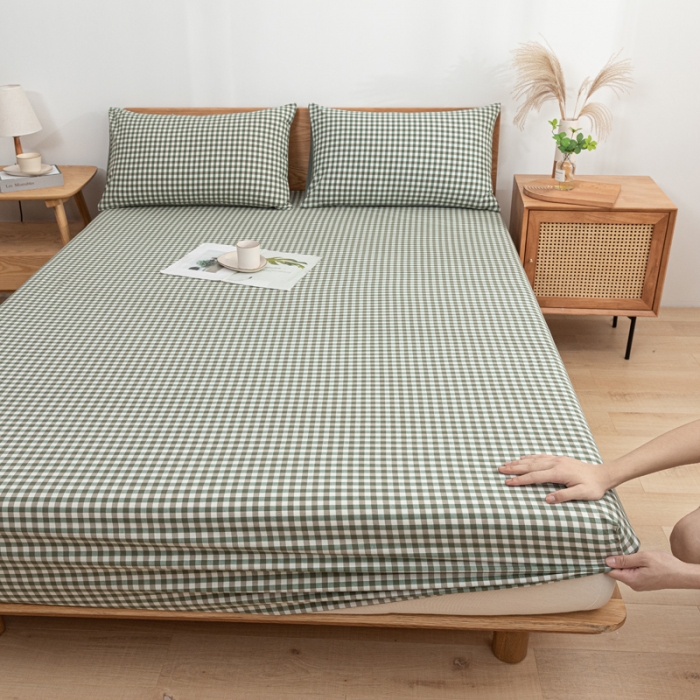 91家纺网 家纺一手货源 找家纺 蓝巢 2022新款全棉色织水洗棉单床笠 绿小格