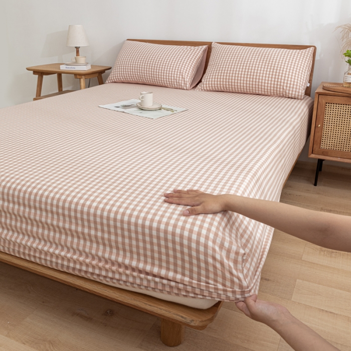 91家纺网 家纺一手货源 找家纺 蓝巢 2022新款全棉色织水洗棉单床笠 蜜粉格