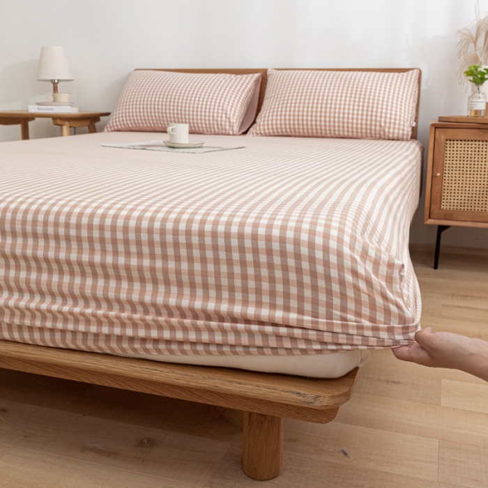 91家纺网 家纺一手货源 找家纺 蓝巢 2022新款全棉色织水洗棉单床笠 蜜粉格