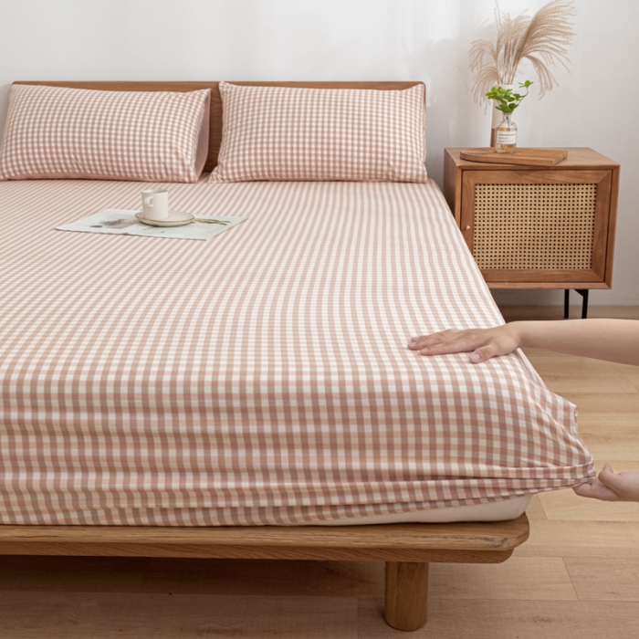 91家纺网 家纺一手货源 找家纺 蓝巢 2022新款全棉色织水洗棉单床笠 蜜粉格