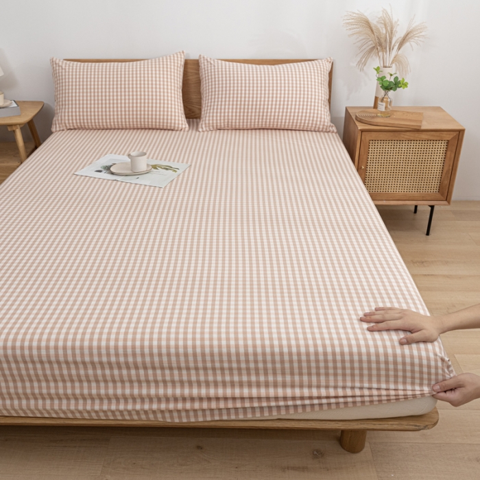 91家纺网 家纺一手货源 找家纺 蓝巢 2022新款全棉色织水洗棉单床笠 蜜粉格