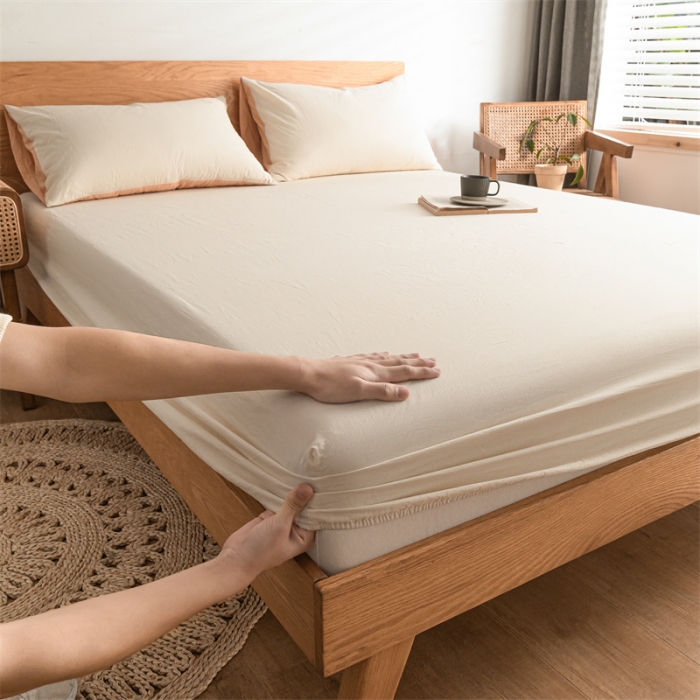 91家纺网 家纺一手货源 找家纺 蓝巢 2022新款全棉色织水洗棉单床笠 奶白