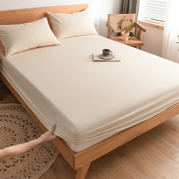 91家纺网 家纺一手货源 找家纺 蓝巢 2022新款全棉色织水洗棉单床笠 奶白