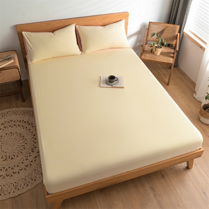 91家纺网 家纺一手货源 找家纺 蓝巢 2022新款全棉色织水洗棉单床笠 奶黄