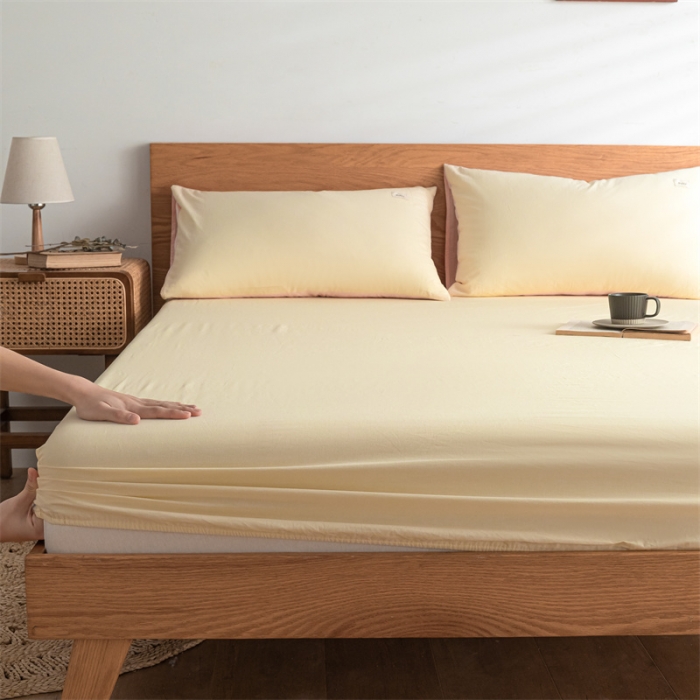 91家纺网 家纺一手货源 找家纺 蓝巢 2022新款全棉色织水洗棉单床笠 奶黄