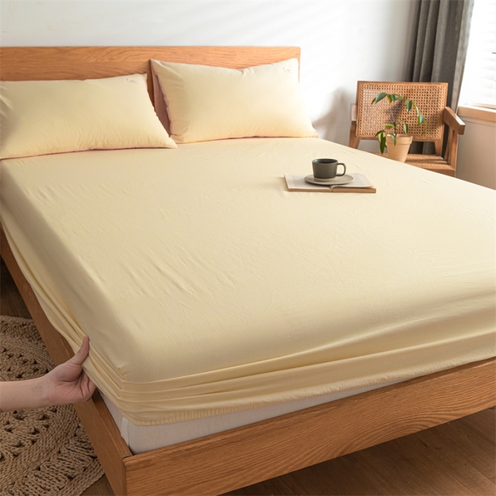 91家纺网 家纺一手货源 找家纺 蓝巢 2022新款全棉色织水洗棉单床笠 奶黄