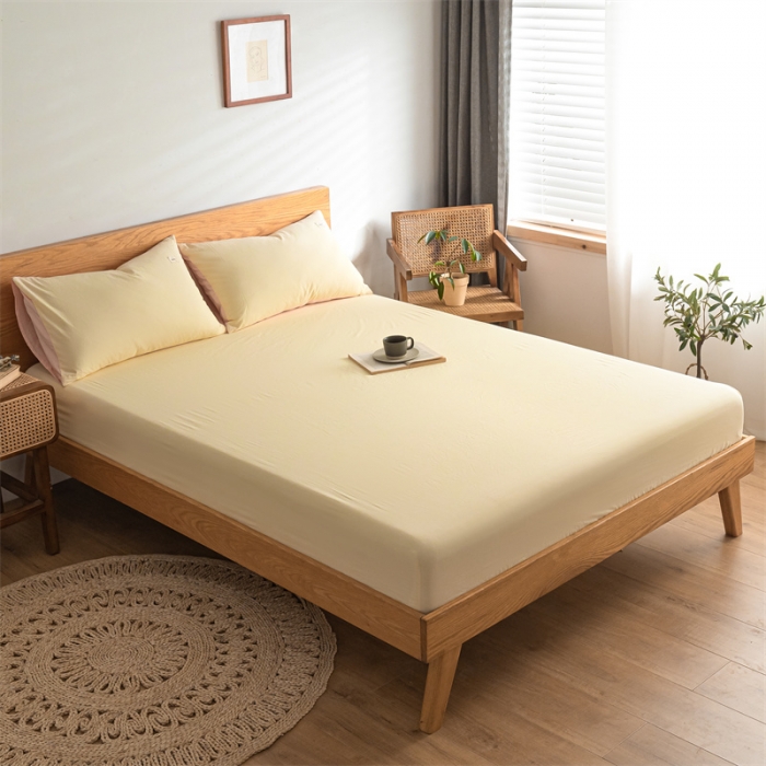 91家纺网 家纺一手货源 找家纺 蓝巢 2022新款全棉色织水洗棉单床笠 奶黄