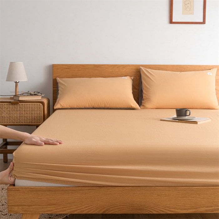 91家纺网 家纺一手货源 找家纺 蓝巢 2022新款全棉色织水洗棉单床笠 南瓜橘