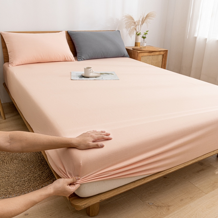 91家纺网 家纺一手货源 找家纺 蓝巢 2022新款全棉色织水洗棉单床笠 浅粉