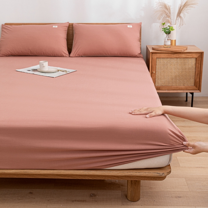 91家纺网 家纺一手货源 找家纺 蓝巢 2022新款全棉色织水洗棉单床笠 珊瑚红