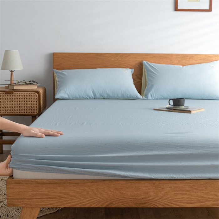 91家纺网 家纺一手货源 找家纺 蓝巢 2022新款全棉色织水洗棉单床笠 天空蓝