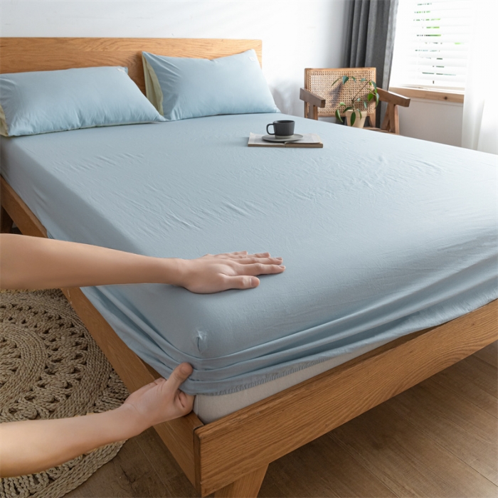 91家纺网 家纺一手货源 找家纺 蓝巢 2022新款全棉色织水洗棉单床笠 天空蓝