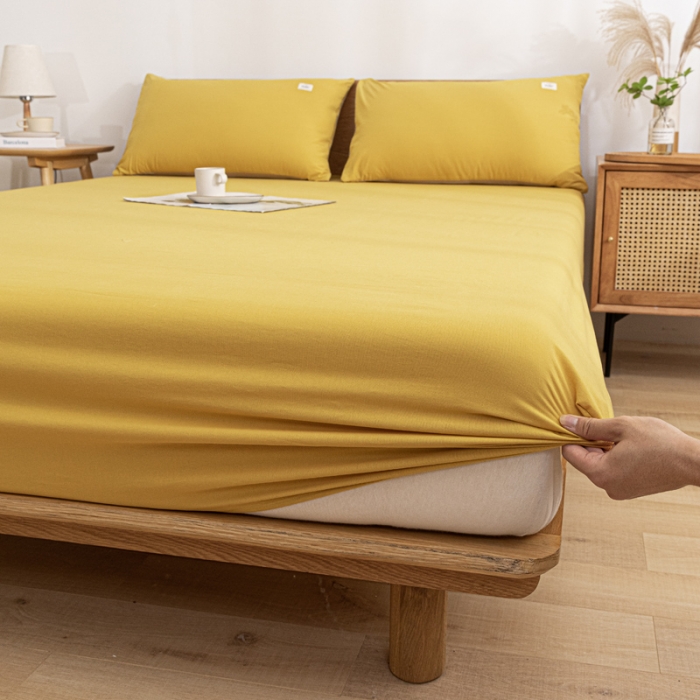 91家纺网 家纺一手货源 找家纺 蓝巢 2022新款全棉色织水洗棉单床笠 杏黄