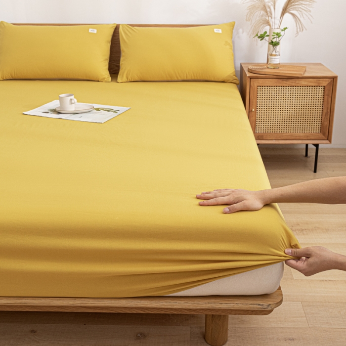 91家纺网 家纺一手货源 找家纺 蓝巢 2022新款全棉色织水洗棉单床笠 杏黄